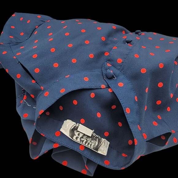 Vtg Navy Blue Dress With Red Polka Dots Button Front Short Sleeves - Picture 13 of 15